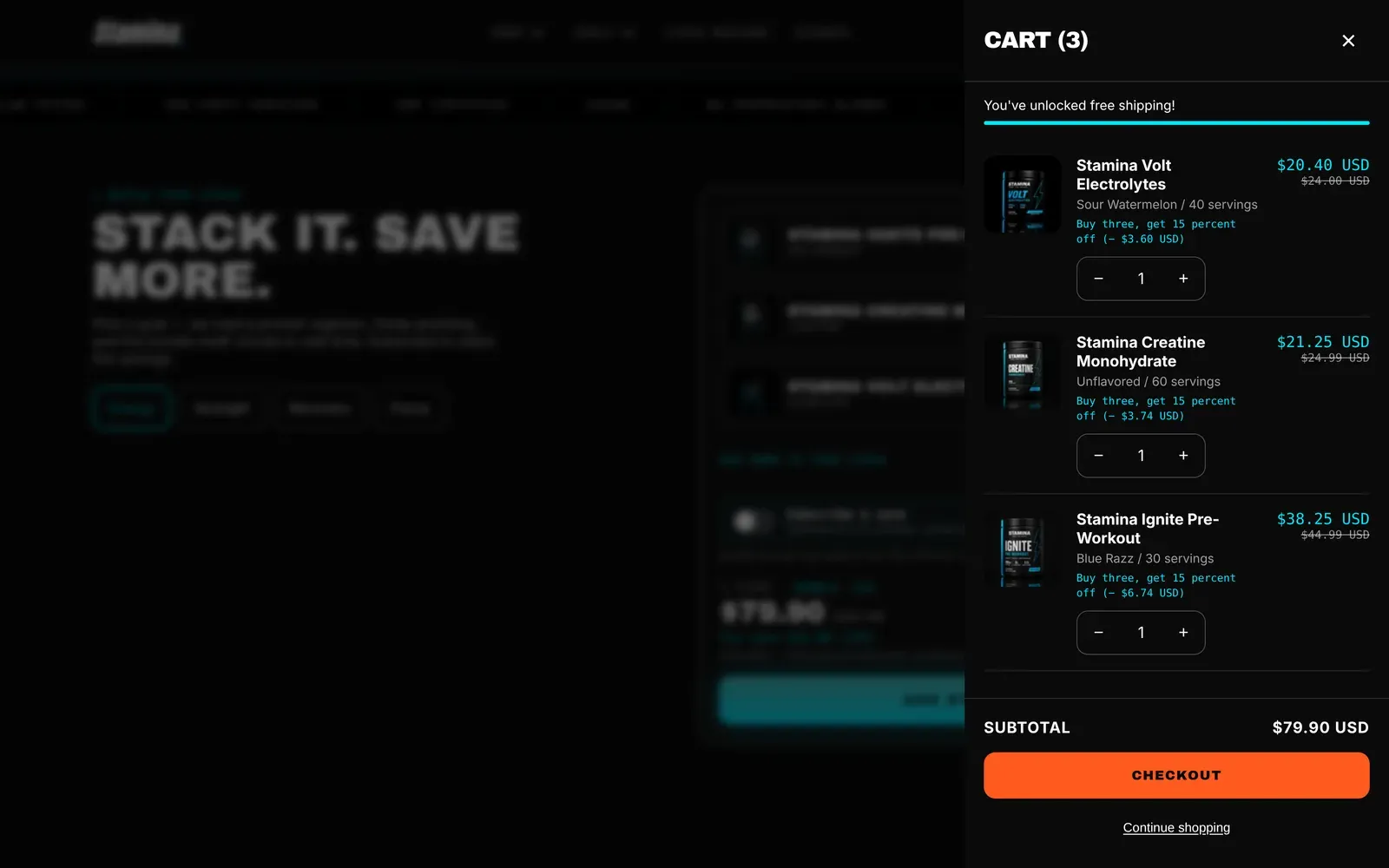 Cart drawer with free-shipping progress and checkout button visible