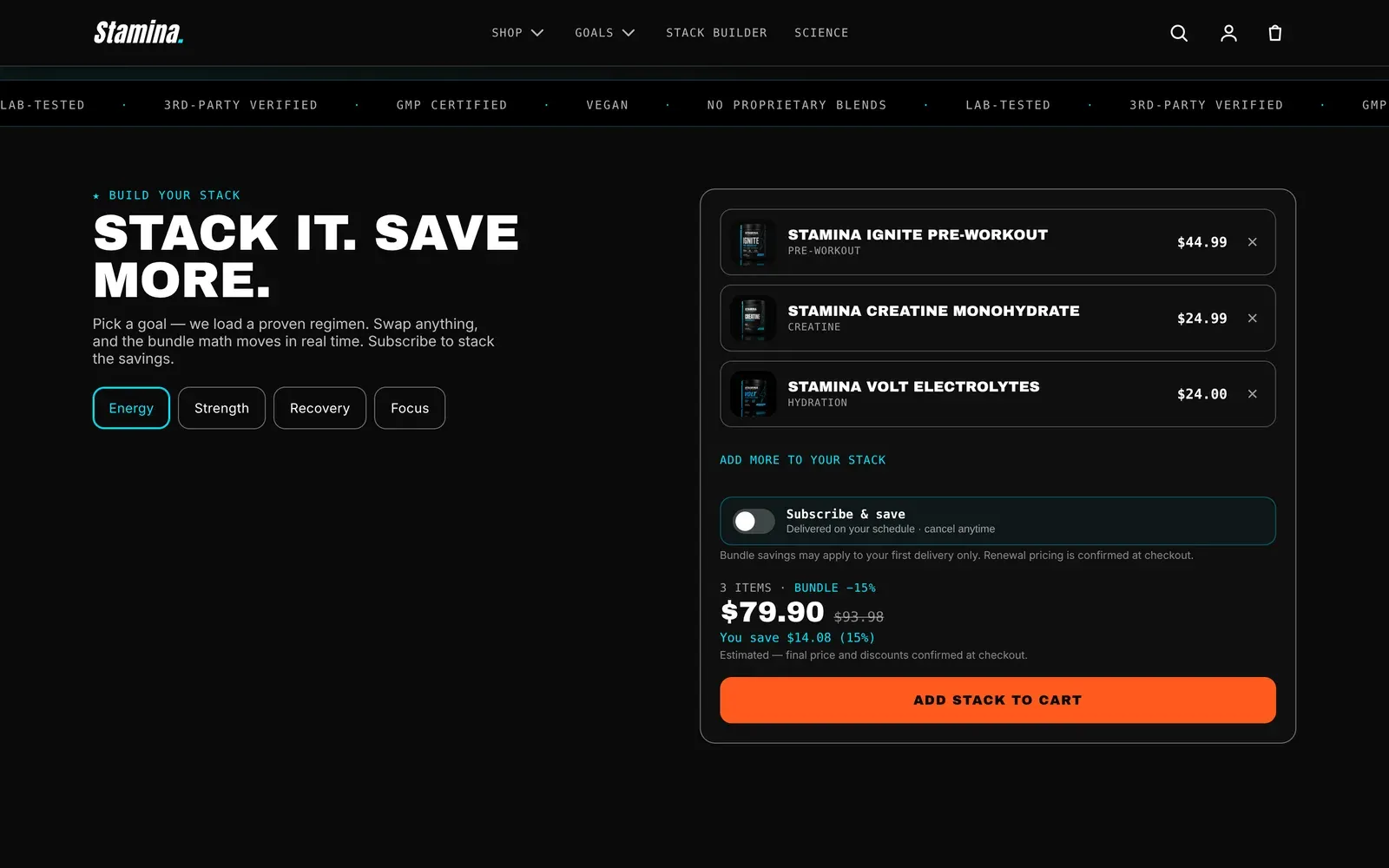 Stack Builder with a selected goal, loaded tray, and visible add-to-cart action